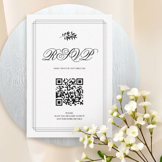 Elegant black and white branch and QR code wedding RSVP Kaartje