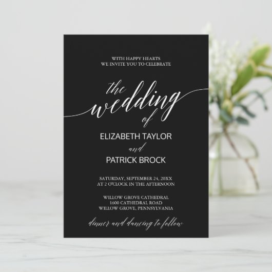 Elegant Black and White Calligraphy Wedding Kaart (Staand voorkant)