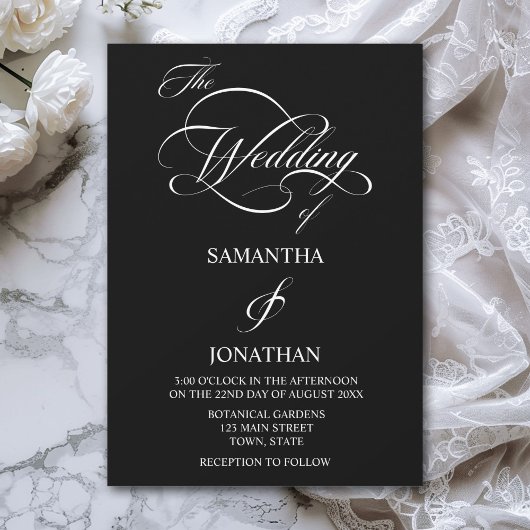 Elegant Black and White Calligraphy Wedding Kaart