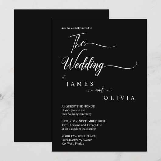 Elegant Black and White Calligraphy Wedding Kaart (Voorkant / Achterkant)