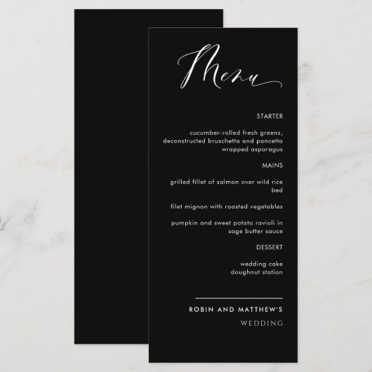Elegant Black and White Calligraphy Wedding Menu (Voorkant / Achterkant)