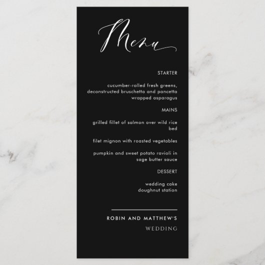 Elegant Black and White Calligraphy Wedding Menu (Voorkant)
