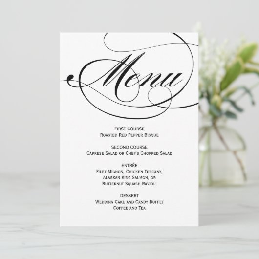 Elegant Black and White Calligraphy Wedding Menu (Staand voorkant)