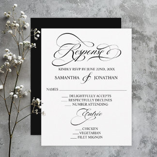 Elegant Black and White Calligraphy Wedding RSVP Kaartje