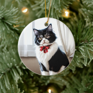 Elegant Black and White Cat Portrait Keramisch Ornament