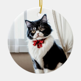 Elegant Black and White Cat Portrait Keramisch Ornament
