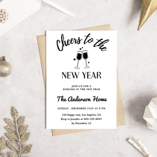 Elegant Black and White “Cheers to the New Year”  Kaart