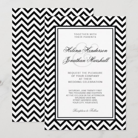 Elegant Black and White Chevron Wedding Invitation Kaart (Voorkant / Achterkant)