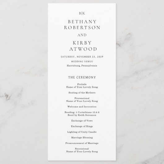Elegant Black and White Classic Wedding Programmakaart (Voorkant)