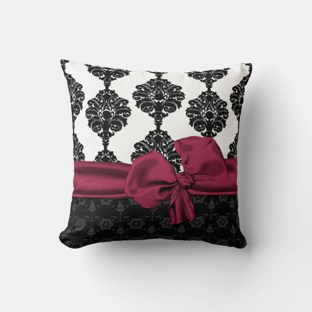 Elegant Black and White Damask and Plum Bow Pillow Kussen (Voorkant)