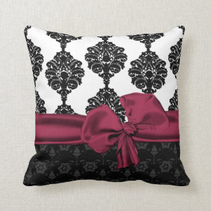 Elegant Black and White Damask and Plum Bow Pillow Kussen