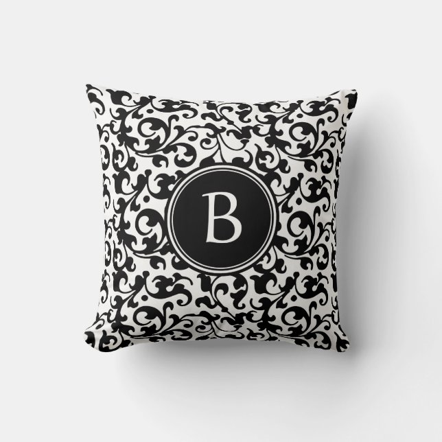 Elegant Black and White Damask Scroll Monogramed Kussen (Voorkant)