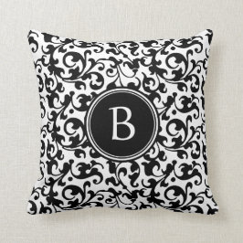 Elegant Black and White Damask Scroll Monogramed Kussen