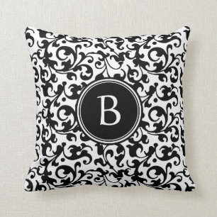 Elegant Black and White Damask Scroll Monogramed Kussen