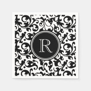 Elegant Black and White Damask Scroll Monogramed Servetten