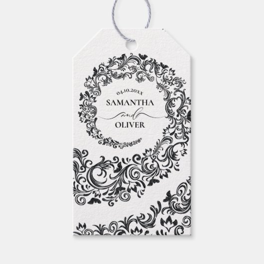 Elegant Black and White Damask Wedding Cadeaulabel (Voorkant)