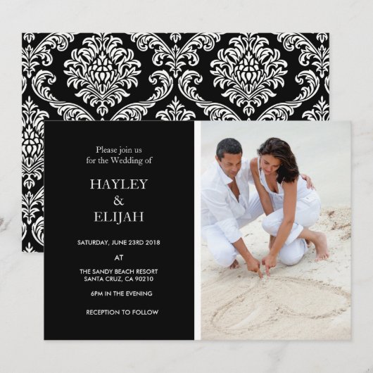 Elegant Black and White Damask Wedding Invitation Kaart (Voorkant / Achterkant)