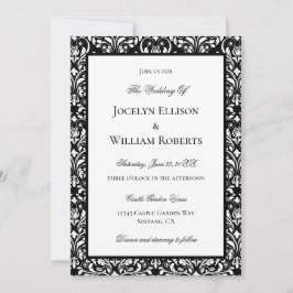 Elegant Black and White Damask Wedding Kaart