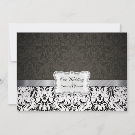 Elegant Black and White Damask Wedding nodigt uit Kaart (Voorkant)