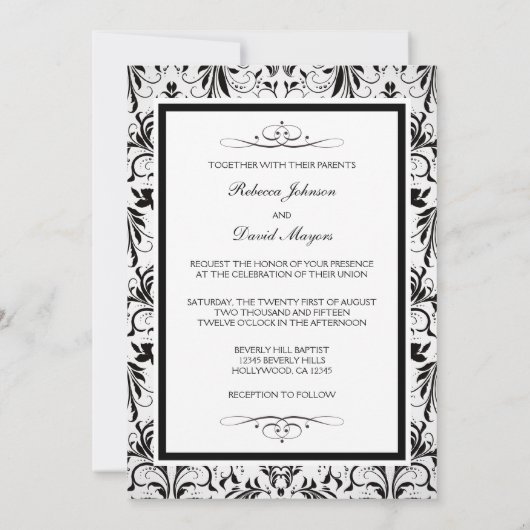 Elegant Black and White Damask Wedding nodigt uit Kaart (Achterkant)