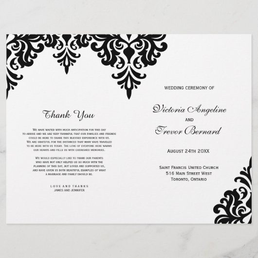 Elegant Black and White Damask Wedding Programs (Voorkant)