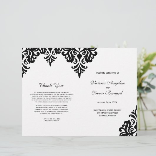 Elegant Black and White Damask Wedding Programs (Staand voorkant)