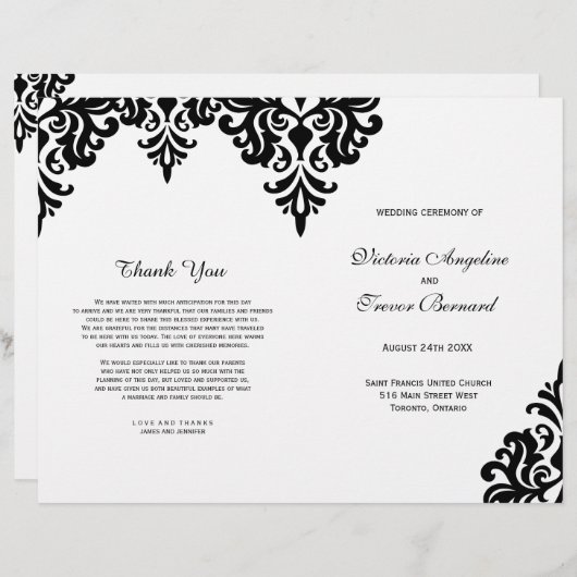 Elegant Black and White Damask Wedding Programs (Voorkant / Achterkant)