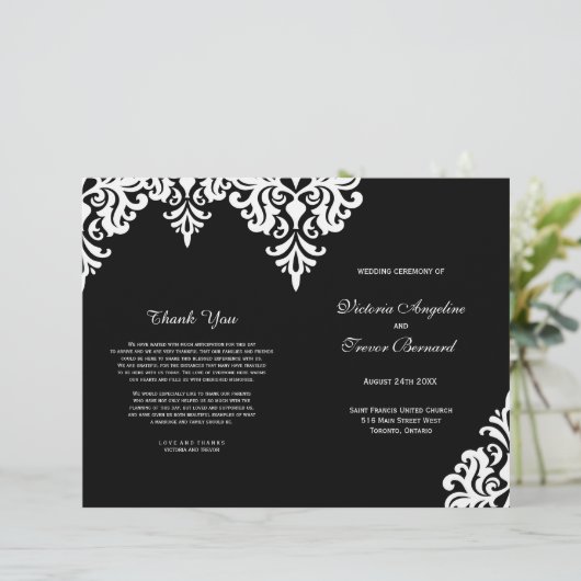 Elegant Black and White Damask Wedding Programs (Staand voorkant)