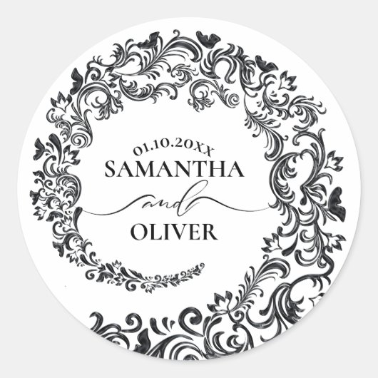 Elegant Black and White Damask Wedding Ronde Sticker (Voorkant)
