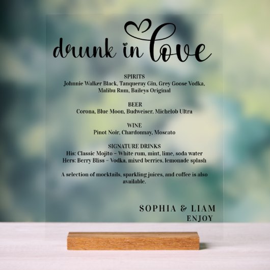 Elegant Black and White Drunk in Love Wedding Menu Acryl Bord (Neutraal)
