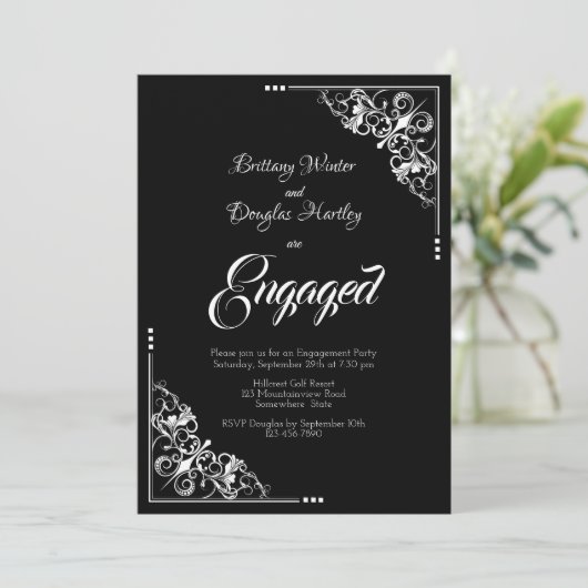 Elegant Black and White Engagement Party Kaart (Staand voorkant)