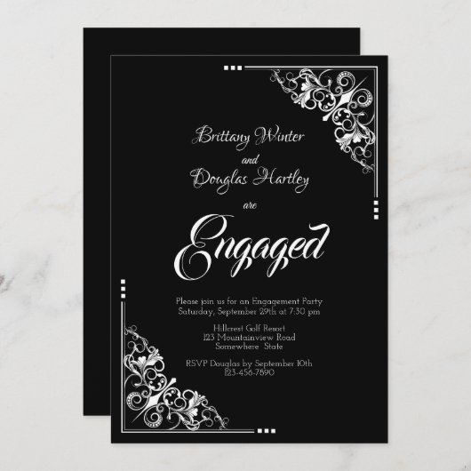 Elegant Black and White Engagement Party Kaart (Voorkant / Achterkant)