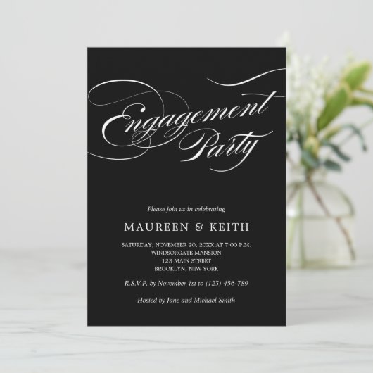 Elegant Black and White Engagement Party Kaart (Staand voorkant)