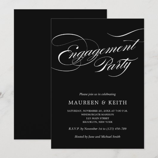 Elegant Black and White Engagement Party Kaart (Voorkant / Achterkant)