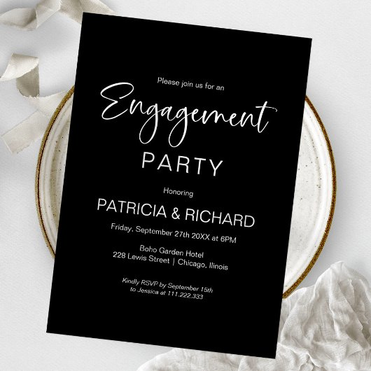 Elegant Black and White Engagement Party Kaart