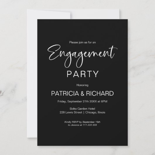 Elegant Black and White Engagement Party Kaart (Voorkant)