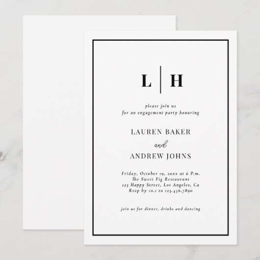 Elegant Black and White Engagement Party Kaart (Voorkant / Achterkant)