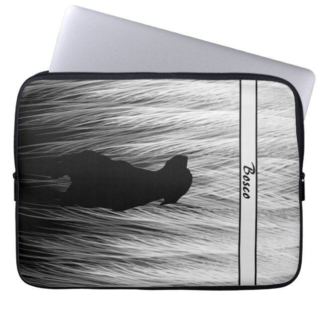 Elegant Black and White Feather Dog Silhouette Laptop Sleeve (Voorkant)