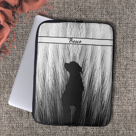Elegant Black and White Feather Dog Silhouette Laptop Sleeve