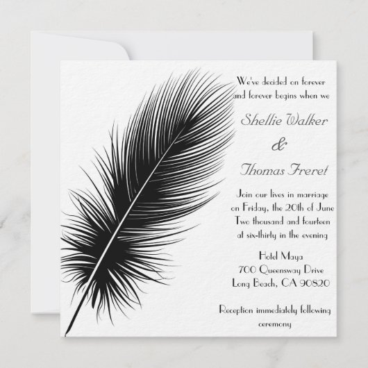 Elegant Black and White Feather Wedding Invitation Kaart (Voorkant)