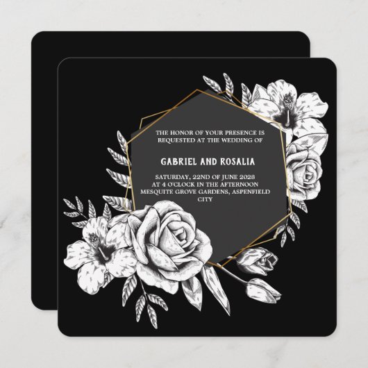 Elegant Black and White Floral Geometric Wedding Kaart (Voorkant / Achterkant)