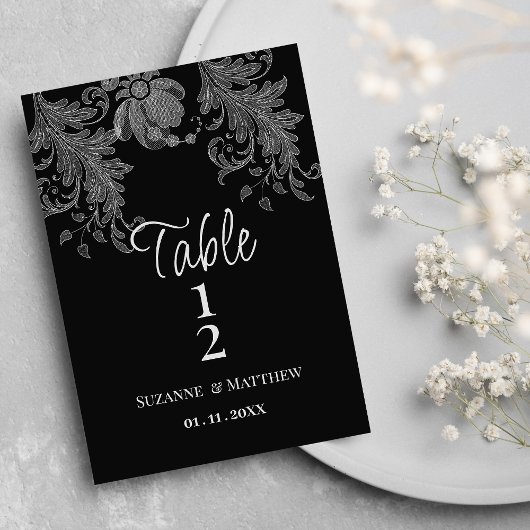  Elegant black and white floral lace Table Numbers Kaart