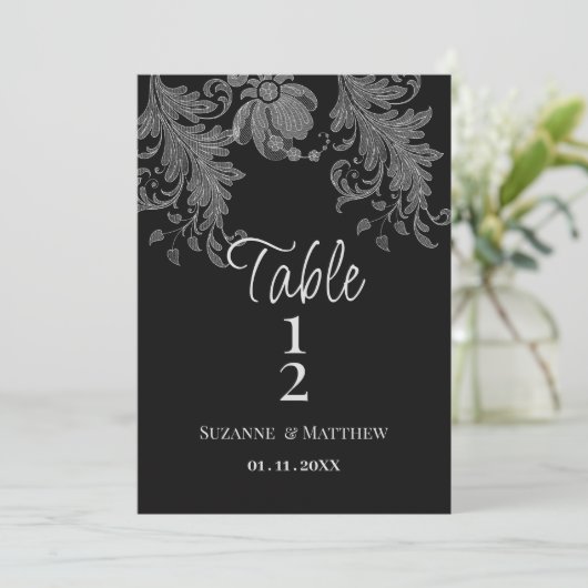  Elegant black and white floral lace Table Numbers Kaart (Staand voorkant)