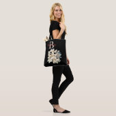 Elegant Black and White Floral Monogram Name Tote Bag (Op model)