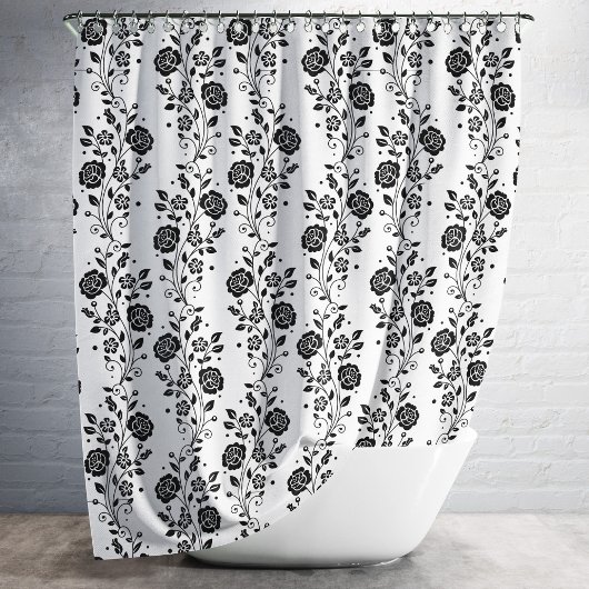 Elegant Black and White Floral Pattern Douchegordijn