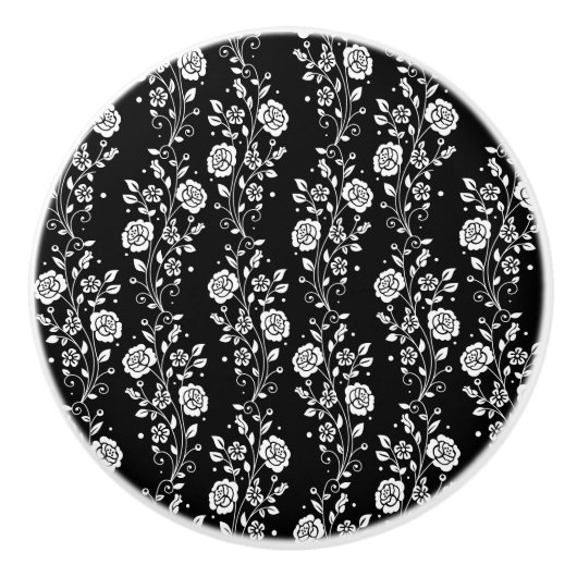 Elegant Black and White Floral Pattern Keramische Knop (Voorkant)