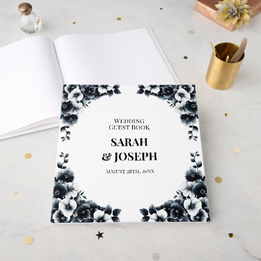 Elegant Black and White Floral Wedding Gastenboek (Voorkant open)
