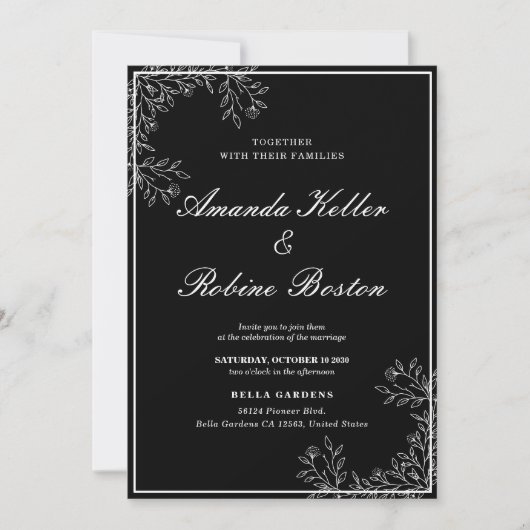 Elegant Black and White Floral Wedding Invitation Kaart (Voorkant)