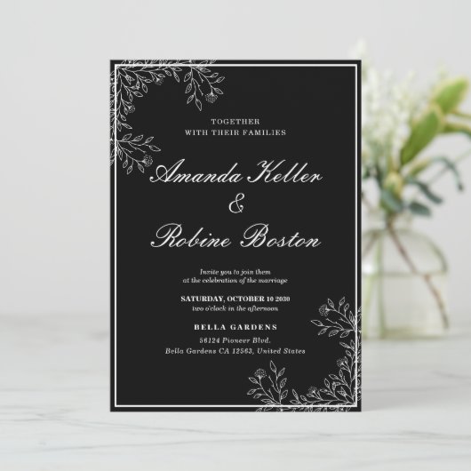 Elegant Black and White Floral Wedding Invitation Kaart (Staand voorkant)