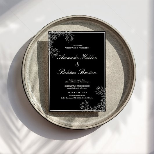 Elegant Black and White Floral Wedding Invitation Kaart